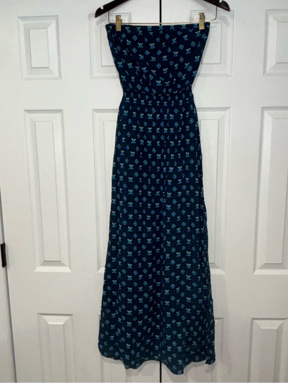 Hollister Strapless Navy Maxi Dress with Aqua Print Size Small